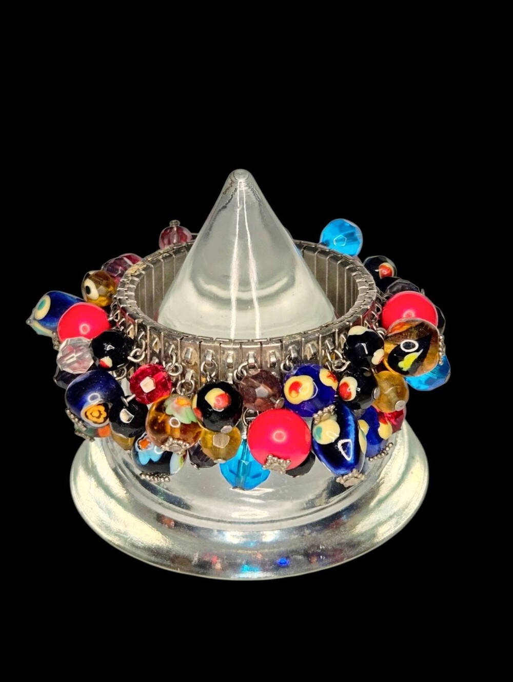 Vtg Murano and Wedding Cake Glass Bead Mid-Century Expansion Bracelet